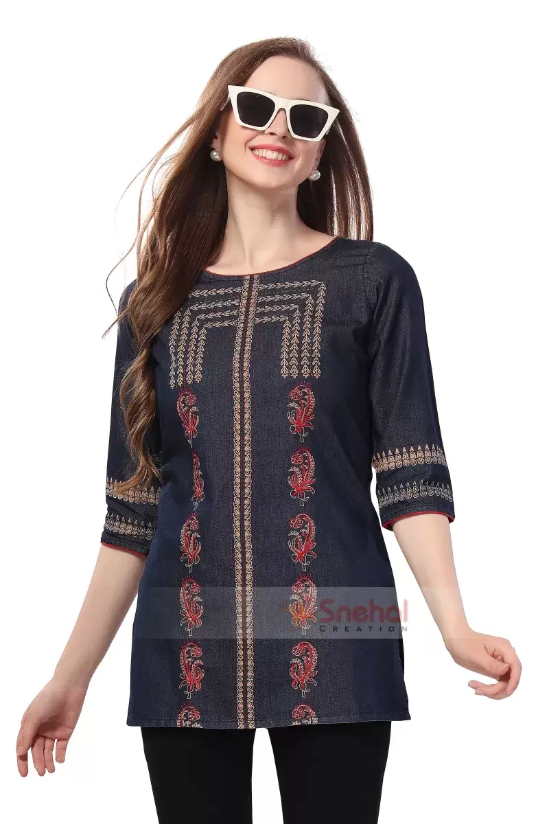 Designer Denim Short Top Denim Delight Short Tunic Featuring Color Wash Print and Thread Work